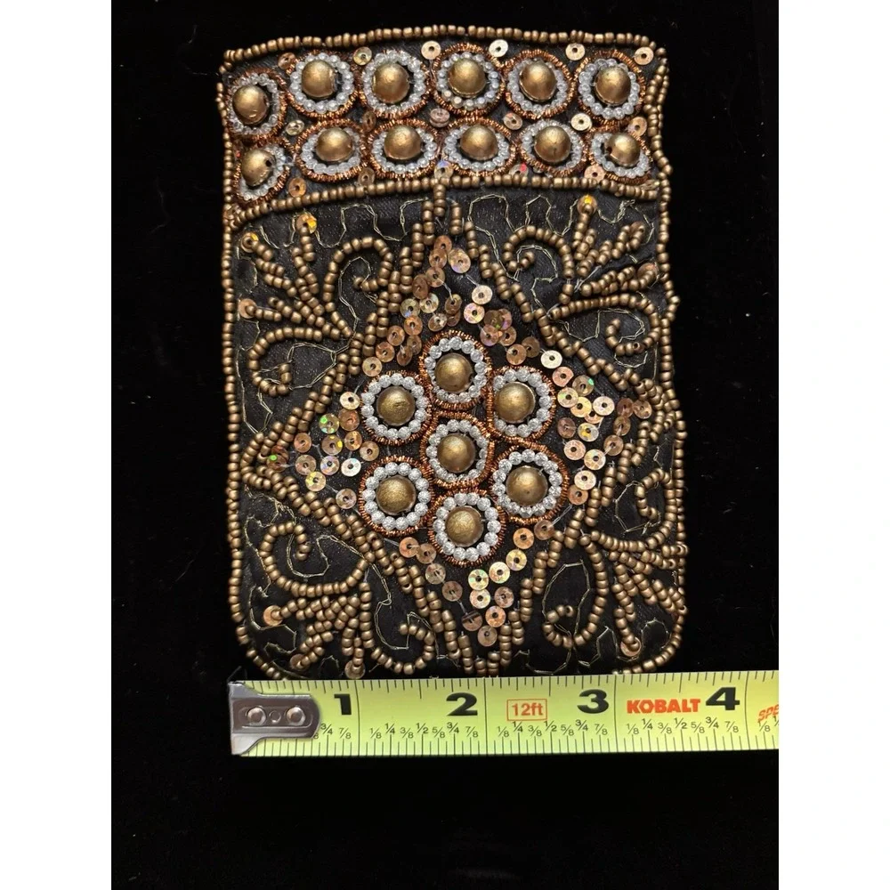 Black Gold Beaded Sequin Coin Wallet Clutch Folding Snap Closure Embroidered[A3]